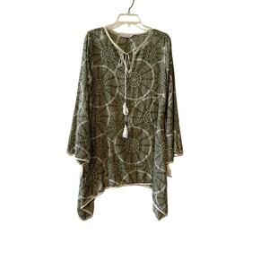 Wednesdays Give Back Boho Green Cream Tunic Mini Dress Womens Medium Bell Sleeve